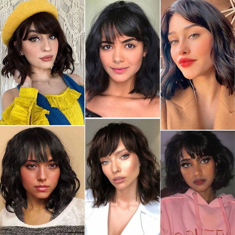 PANEWAY Short Human Hair Wigs with Bangs Brazilian Body Wave Virgin Human Hair Wigs for Black White Women Short Wavy Bob Wigs with Bangs 12 Inch - Image 3